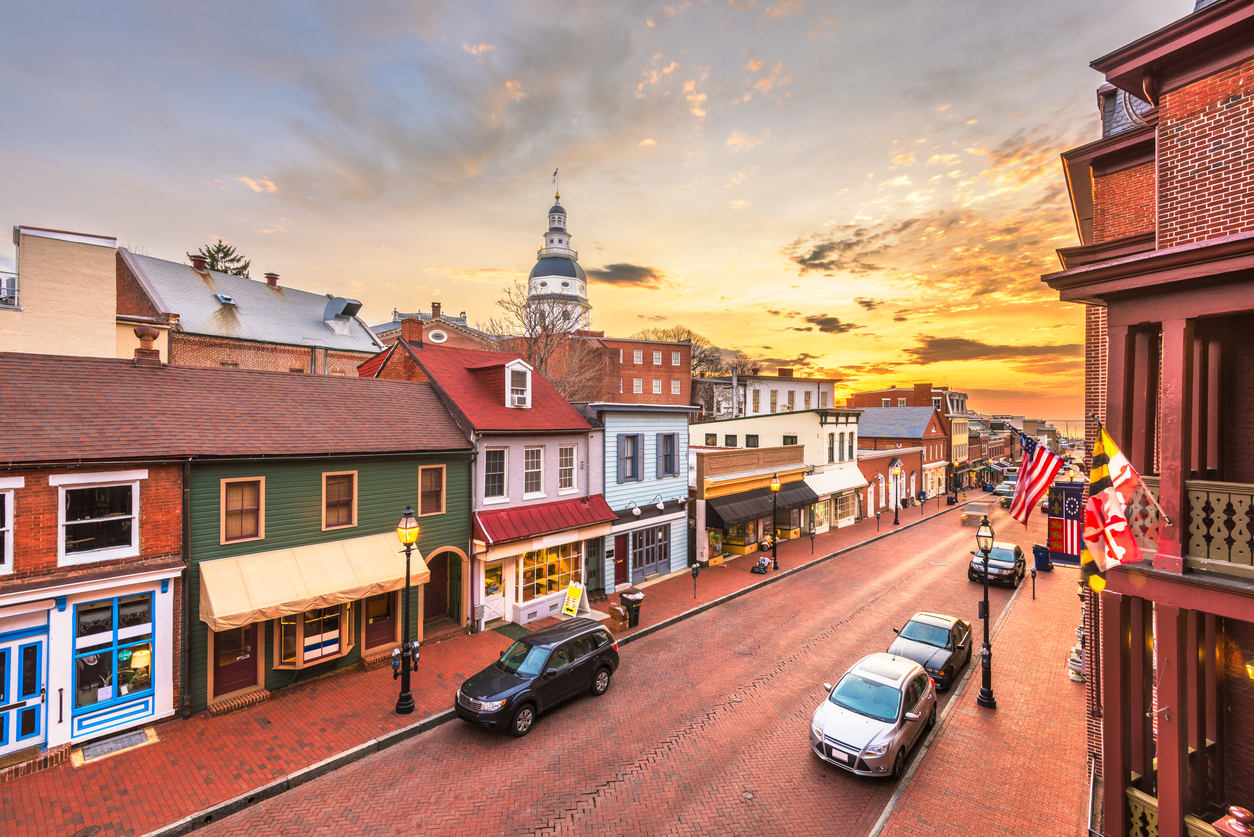 stores and a street with a maryland flag flying